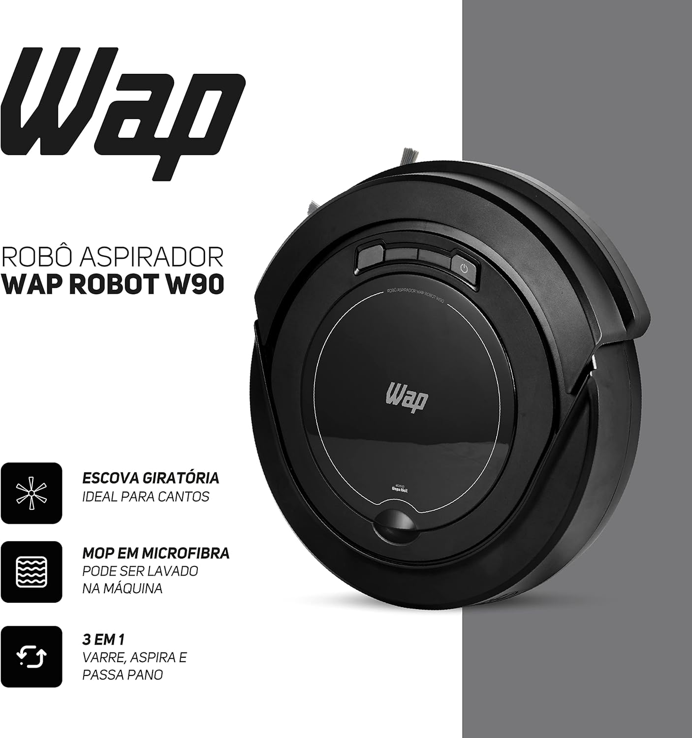WAP Aspirador de Pó Robô ROBOT W90 3 em 1, Automático.